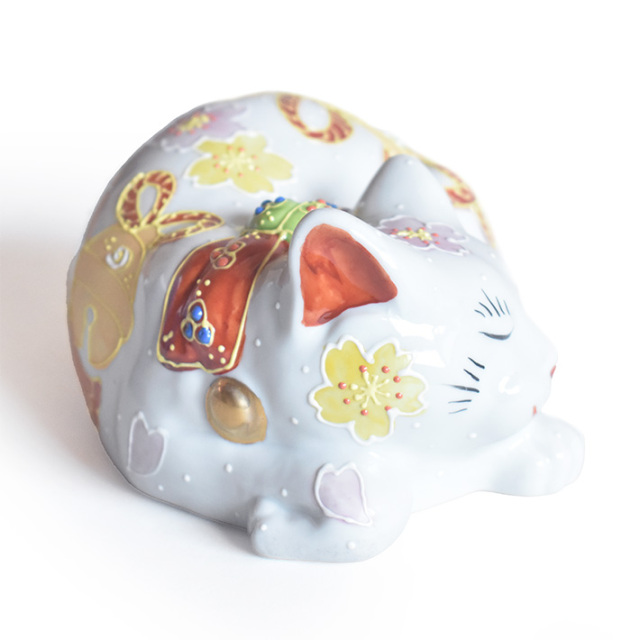 九谷焼 眠り猫 置物 福鈴 座布団付