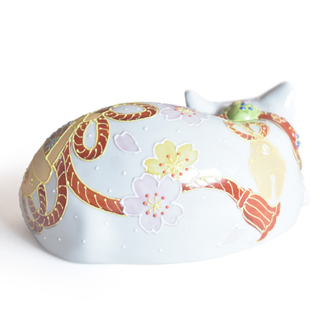 九谷焼 眠り猫 置物 福鈴 座布団付