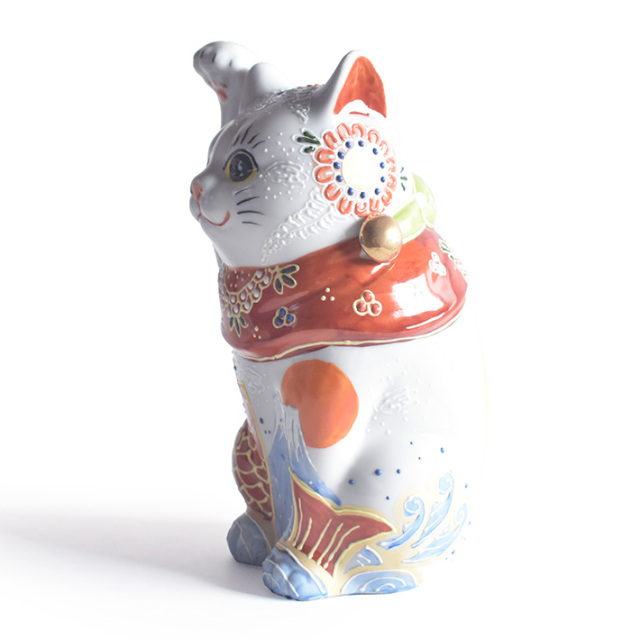 九谷焼 招き猫 置物 祝鯛 座布団付