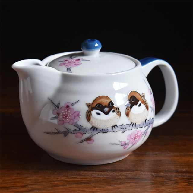 急須と湯沸かし器のセット 九谷焼 ペア湯呑みポット急須セット（茶こし 網付き） すずめ