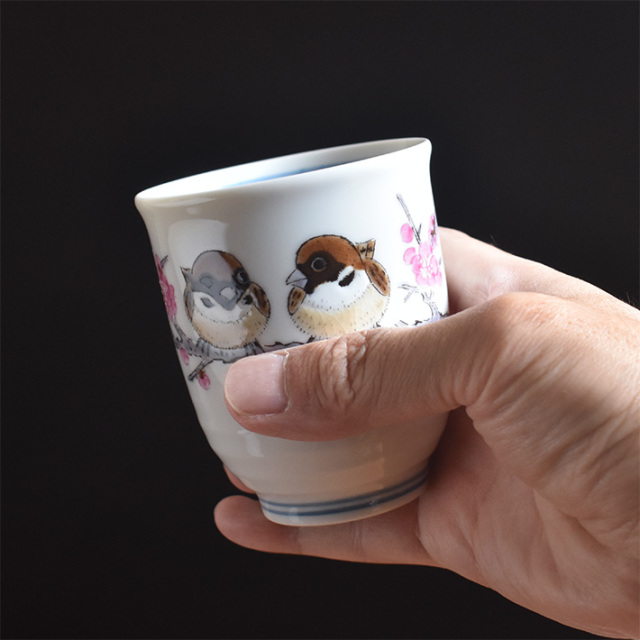 九谷焼 ペア湯呑みポット急須セット（茶こし 網付き） すずめ