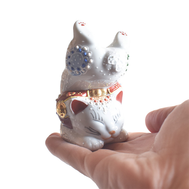 九谷焼 逆立ち猫 置物 白盛（高 約9.4cm）【アウトレット】 九谷焼専門