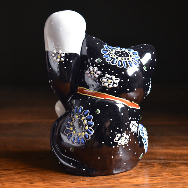 九谷焼　招き猫 陶器製 置物 約17cm 九谷焼 招き猫 置物 黒盛