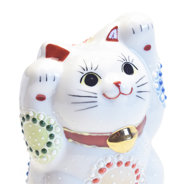 九谷焼 両手 招き猫 置物 白盛