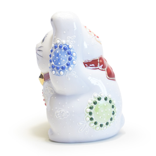 九谷焼 両手 招き猫 置物 白盛