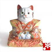 九谷焼 福助猫 置物 盛 座布団付【アウトレット】