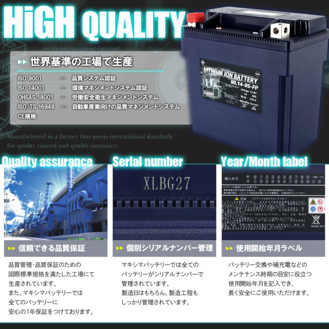 カワサキ 充電済み バイク用リチウムイオンバッテリー ML14-BS