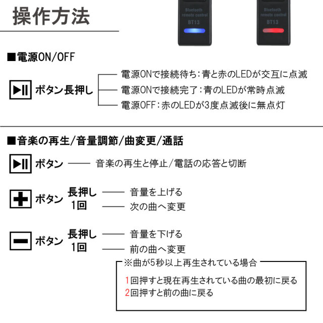日本語説明書付】Bluetoothリモコン ハンドルバー グリップ 通話 音楽