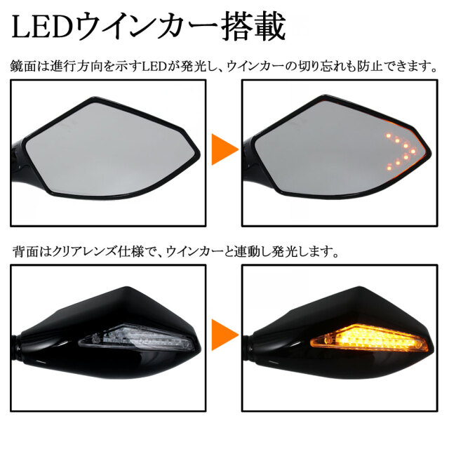 汎用 LEDウインカー付カウルミラー ブラック ポリゴンタイプ