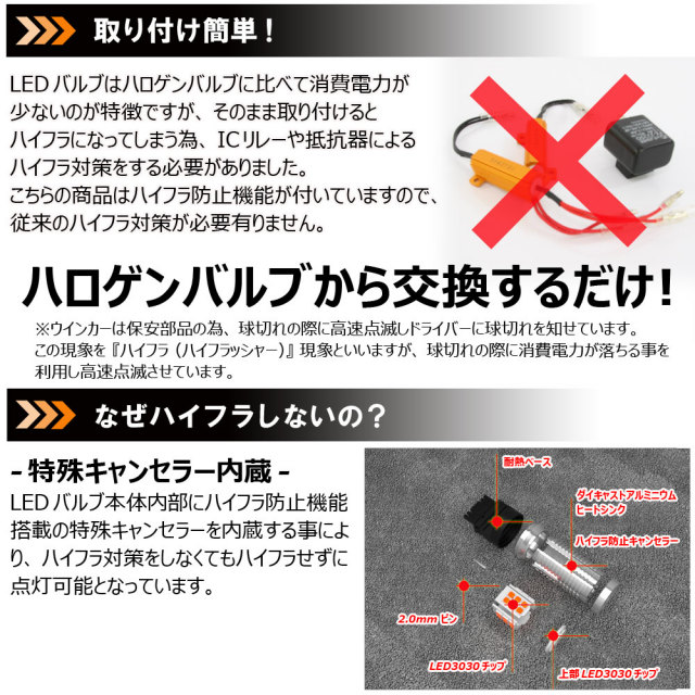 ハイフラ防止機能付きウインカーT20ピンチ部違い