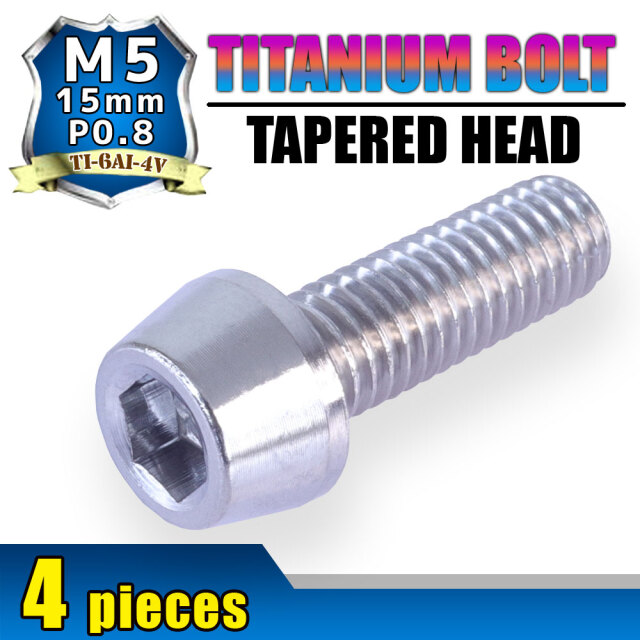 M5×15 P0.8 チタンボルト 4本セット 5mm 15mm ピッチ0.8 シルバー テーパー ボルト バイク 車 自転車 自動車 ロードバイク  軽量化 マウンテンバイク ネジ 競技車 レース 64チタン