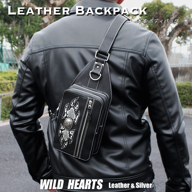 ボディバッグ 斜め掛けバッグ ワンショルダー本革 レザー 牛革 ブラック ファイヤー パイソン柄 Genuine Leather Backpack WILD HEARTS Leather&Silver(ID bb772t7) za025