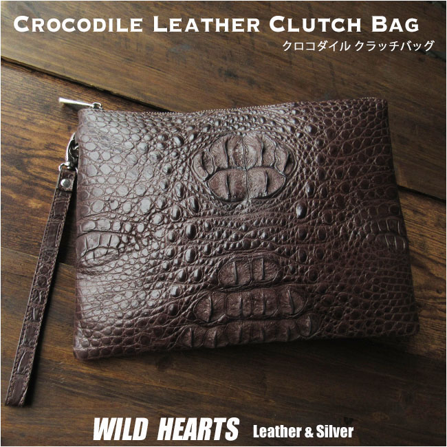 クロコダイル クラッチバッグ　セカンドバッグ ハンドバッグ マルチケース ブラウン メンズ  茶色 男性 おしゃれ かばん Crocodile Skin Leather Pouch & Hand Bag Black WILD HEARTS Leather&Silver(ID ha4567r73)