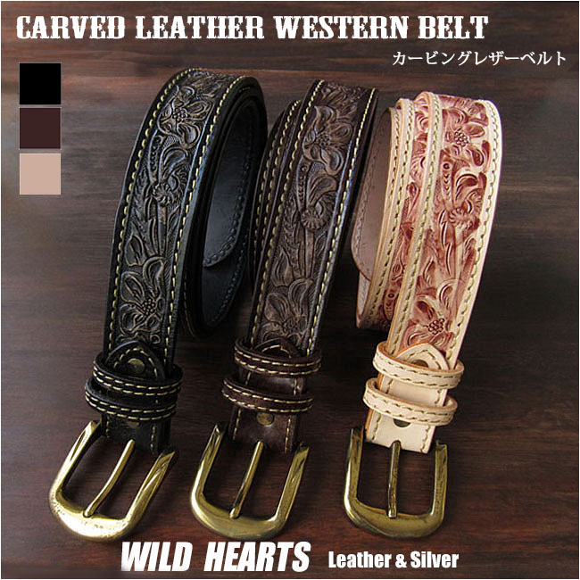カービングベルト 本革 レザー ハンドメイド 手彫り ナチュラル/ダークブラウン/ブラック S/M/L Carved Leather Belt Natural/Dark Brown/Black WILD HEARTS Leather&Silver (ID lb467t42)za004