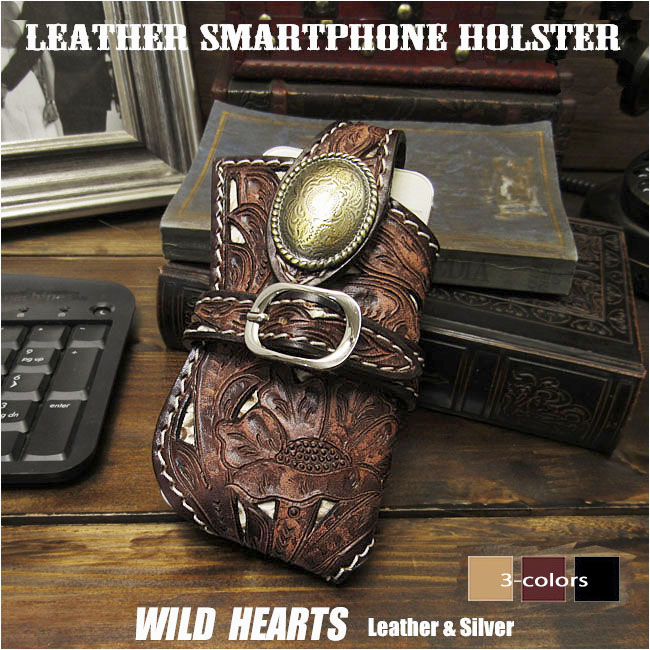 カービング スマホ/iPhoneケース スマホホルダー 本革 ヌメ革 サドルレザー ナチュラル ダークブラウン ブラック３色 コンチョ付き Sサイズ WILD HEARTS Leather&Silver(ID bp253b19)za004