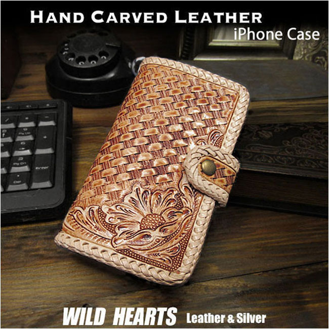 本革 iPhone 手帳型ケース バスケットカービング タン ハンドメイド サドルレザー／ヌメ革  マグネット WILD HEARTS Leather&Silver (ID ip2960r25)za004