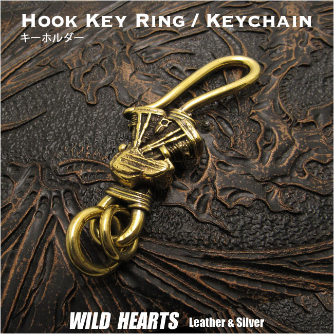 キーホルダー キーフック 真鍮 ハーレー パンヘッド エンジン Hook Key Ring Keychain Brass Harley-Engine Panhead WILD HEARTS Leather&Silver(ID kh3829k5)