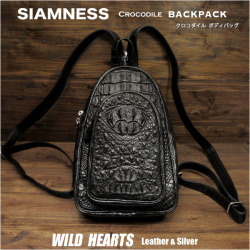 SIAMNESS シャムネス クロコダイル 本革 斜めがけ ボディバッグ ワニ革 バックボーン 本革 クラウン ブラック ライダース バイカー メンズ Crocodile Skin Leather Backpack Shoulder Sling Bag Black WILD HEARTS Leather&Silver(ID bb511t23)