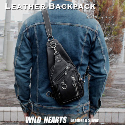 ボディバッグ 斜め掛けバッグ ワンショルダーバッグ 本革 レザー ブラック Genuine Leather Backpack WILD HEARTS Leather&Silver(ID bb773t12) za025