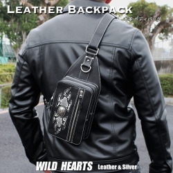ボディバッグ 斜め掛けバッグ ワンショルダー本革 レザー 牛革 ブラック ファイヤー パイソン柄 Genuine Leather Backpack WILD HEARTS Leather&Silver(ID bb772t7) za025
