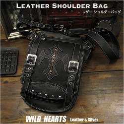 メンズ　レザー　本革　ショルダーバッグ　クロス　斜め掛け　カジュアル　パイソン　ブラック/黒  Men's Genuine Leather Casual Shoulder Bag  Cross Concho  WILD HEARTS Leather&Silver (ID bb0658t17)