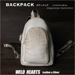ヒマラヤクロコダイル ボディバッグ スリング ショルダーバッグ 斜め掛け バッグ ワニ革 ホワイト／白 メンズ ベリー 本革  Crocodile Skin Leather Backpack Shoulder Sling Bag WILD HEARTS Leather&Silver(ID bb830t18)za022