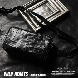 クロコダイル 本革 斜めがけ バッグ ボディバッグ ワニ革 バッグ メンズ ブラック Crocodile Skin Leather Backpack Shoulder Sling Bag Black WILD HEARTS Leather&Silver (ID bb321b22) za005