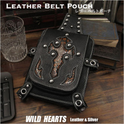 ウエストポーチ　ベルト／ヒップポーチ　バイカーポーチ　本革／レザー　パイソン クロス Men's Biker Fanny Pack Belt Pouch Harley Style Bag WILD HEARTS Leather&Silver (ID wp0837b18)