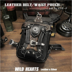 レッグポーチ 革/レザー/牛革 ウエストポーチ ヒップポーチ／バッグ ベルトポーチ バイカー Leather Waist/Belt Pouch Hip Bag Travel Pouch Biker/Motorcycle WILD HEARTS Leather&Silver (ID wp3625r67)
