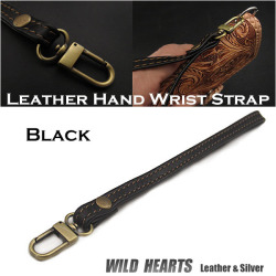 ハンドストラップ　ストラップ　牛革/レザー /携帯/iPhone　ブラック/黒G　スマホケースenuine Leather Hand Wrist Strap BlackWILD HEARTS Leather&Silver(ID hs3r19)