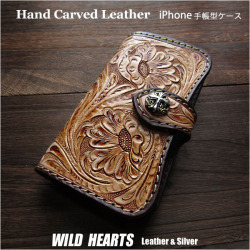 iPhone17 ProMax Air 16e Plus ケース iPhone 16 15 14 13 本革 iPhoneケース 手帳型ケース 耐衝撃 カービング ハンドメイド サドルレザー コンチョ付き WILD HEARTS Leather & Silver(ID ip3516d6)za004