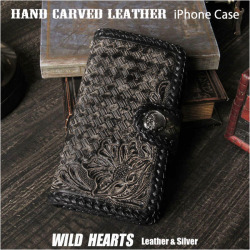 iPhone16 Pro 16e max ケース iPhone15 14 13 本革 iPhoneケース 手帳型ケース 耐衝撃 カービング ハンドメイド サドルレザー ブラック 黒 コンチョ付き WILD HEARTS Leather & Silver (ID ip4302)za004