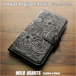 iPhoneケース スマホケース 手帳型 レザーケース カービング ハンドメイド 本革 ブラック 黒 マグネット Leather iPhone Flip Case Wallet Cover Black WILD HEARTS Leather&Silver (ID ip3745)za003