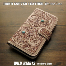 本革 iPhoneケース 手帳型ケース カービング ハンドメイド 本革 タン ナチュラル ターコイズ マグネット スマホケース WILD HEARTS Leather & Silver (ID ip2818r93)za003