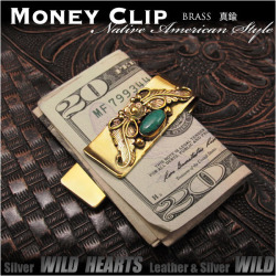 ブラス真鍮製マネークリップ ネイティブアメリカン　ターコイズ フェザー Brass Mens Fashion Money Clip Purse Wallet Card Cash Holder Turquoise Native American Design WILD HEARTS Leather&Silver (ID mc3818r3)za012