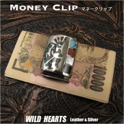 メタルマネークリップ ネイティブアメリカン ココペリ Metal Mens Fashion Money Clip Purse Wallet Card Cash Holder Kokopelli Native American Design WILD HEARTS Leather&Silver (ID mc4005r3)