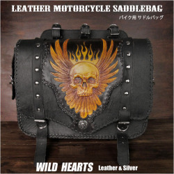 バイク用シングルサドルバッグ スカル ドクロ＆ウィング フェザー カービング ハーレー カスタム 革 レザー Skull Carved Leather Single Saddlebag Harley-Davidson Sportster iron 883/Forty-Eight Motorcycle WILD HEARTS Leather&Silver (ID sb3484)za002