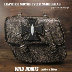 バイク　サドルバッグ　本革　カービング　ハーレー　ブラック　スティングレイ　クロス／十字架 Cross Carved Leather Single/Solo Saddlebag Motorcycle Harley-Davidson Black Stingray WILD HEARTS Leather&Silver (ID sb3566)