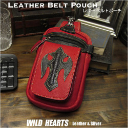 送料無料！ウエストポーチ　ヒップバッグ　ウエストバッグ　レザー/革　レッド/赤 Genuine Leather Biker Waist Pouch/ Hip Bag/Pouch Belt/Red WILD HEARTS Leather&Silver (ID wp3163r76)