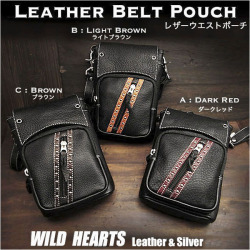 ベルトポーチ ヒップポーチ レザー バッグ 本革 ウエストポーチ Leather Waist Belt Pouch Hip Bag Travel Pouch Biker Motorcycle 3-colors WILD HEARTS Leather&Silver (ID wp3708t10)za025