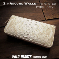 メンズ／レディース パイソン ダイヤモンドパイソン ラウンドファスナー 長財布 マット加工 本革 錦蛇  バックカット Genuine Python Skin Leather Zip Around Wallet Purse WILD HEARTS Leather&Silver(ID lw4621a30)za023