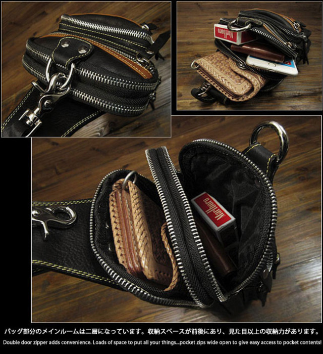 HERZ ヘルツ ベルトポーチ ポーチ バッグ 黒 レザー 中古・古着通販】Herz (ヘルツ) スクエアレザーベルトポーチ