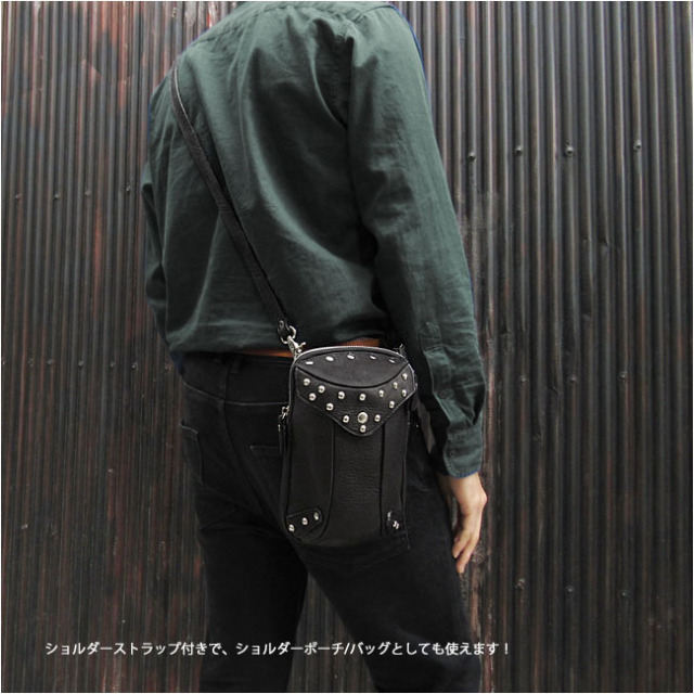 ベルトポーチ 本革 バイカー ウエストバッグ ショルダーバッグ レザー ミニ ヒップポーチ ショルダーストラップ付き Genuine Leather Belt Shoulder Pouch Wild Hearts Leather Silver Id Wp4402b17