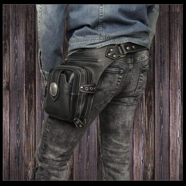 レザー ウエストバッグ レッグポーチ ヒップバッグ 本革 黒