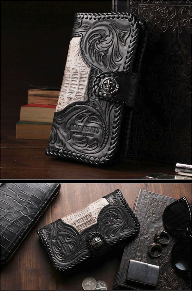 クロコダイル カービング 手帳型 iPhoneケース 本革 ワニ革 カイマン
