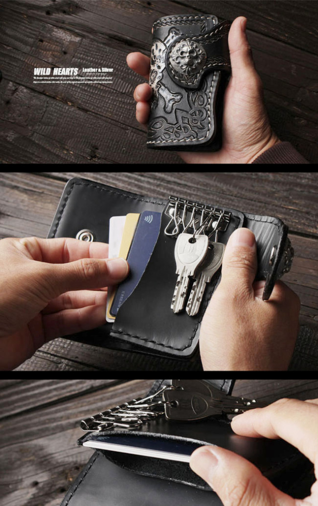 レザー 本革 キーケース キーホルダー カービング ドクロ スカル