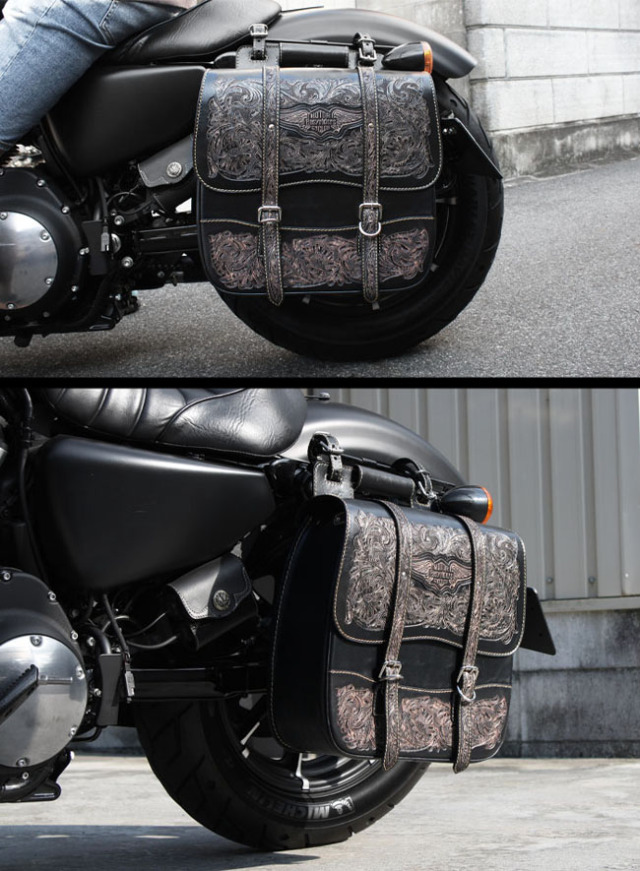 バイク サドルバッグ バイカー 本革 カービング ハーレー