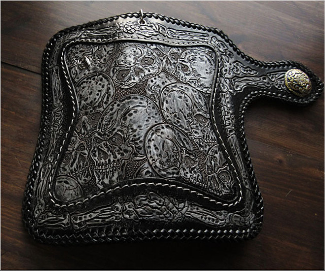 ロングウォレット バイカーズウォレット スカル ドクロ カービング