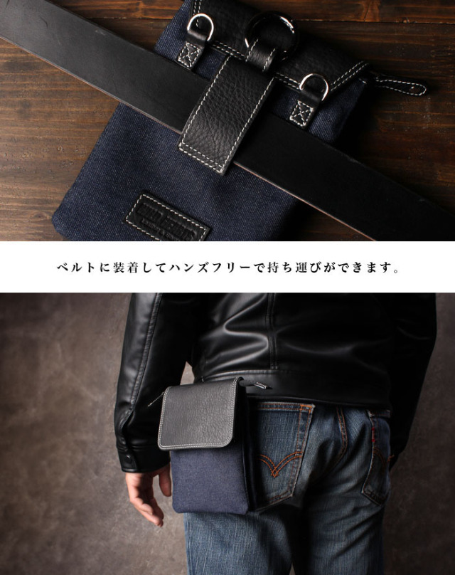 Roenロエン スカル ベルトウエストバッグポーチ デニム レザー 本革 岡山デニム ベルトポーチ ウエストポーチ スマホポーチ スリム