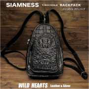 SIAMNESS シャムネス クロコダイル 本革 斜めがけ ボディバッグ ワニ革 バックボーン 本革 クラウン ブラック ライダース バイカー メンズ Crocodile Skin Leather Backpack Shoulder Sling Bag Black WILD HEARTS Leather&Silver(ID bb511t23)